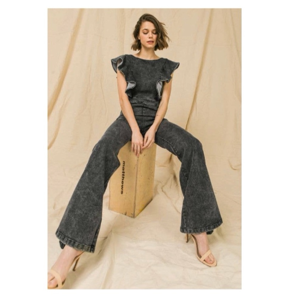 Denim by Jealous Tomato Black Acid Wash Wide-leg Jumpsuit with Ruffle Sleeves